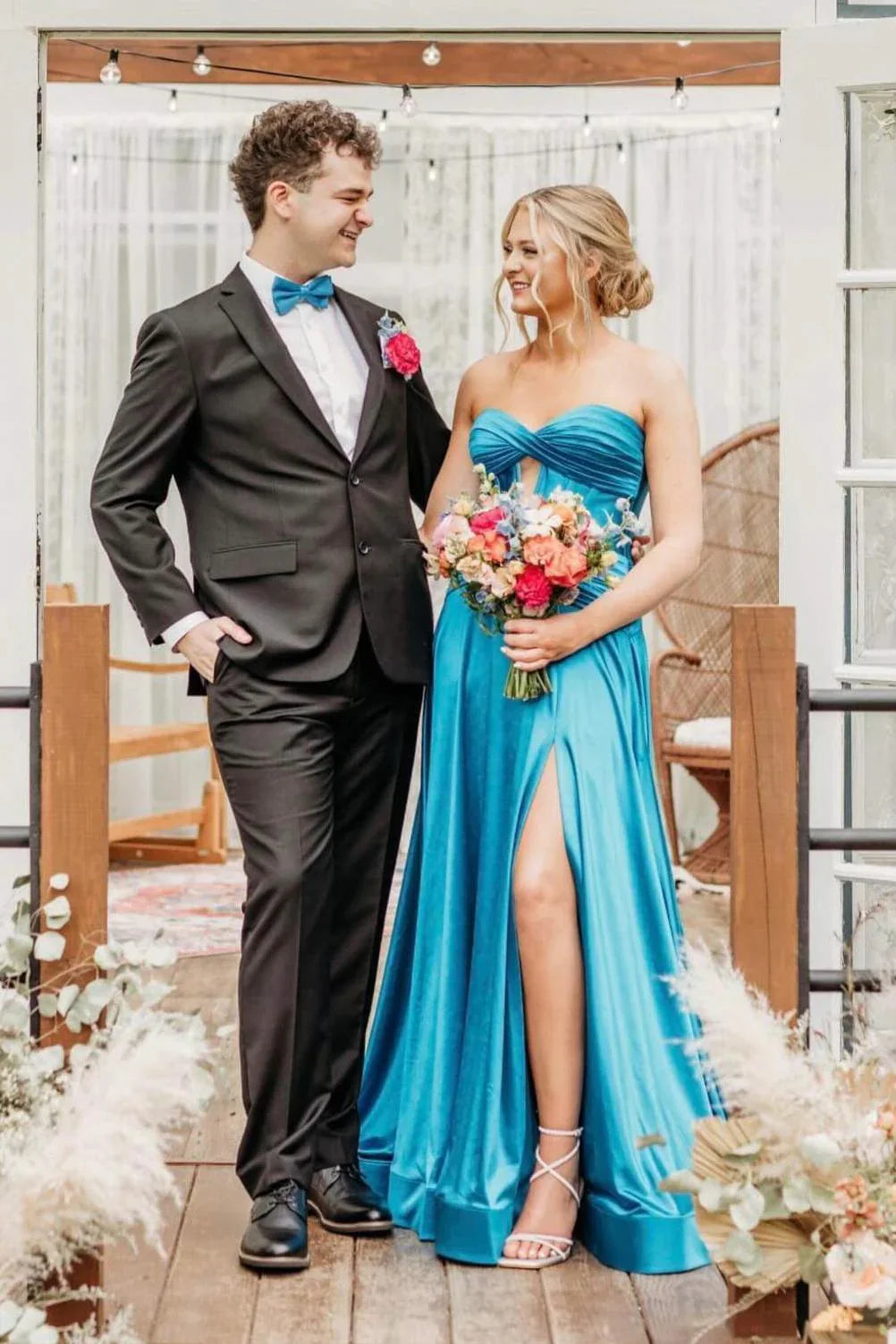 Stunning Royal Blue A Line Satin Prom Dress Evening Dress with Slit SH6211