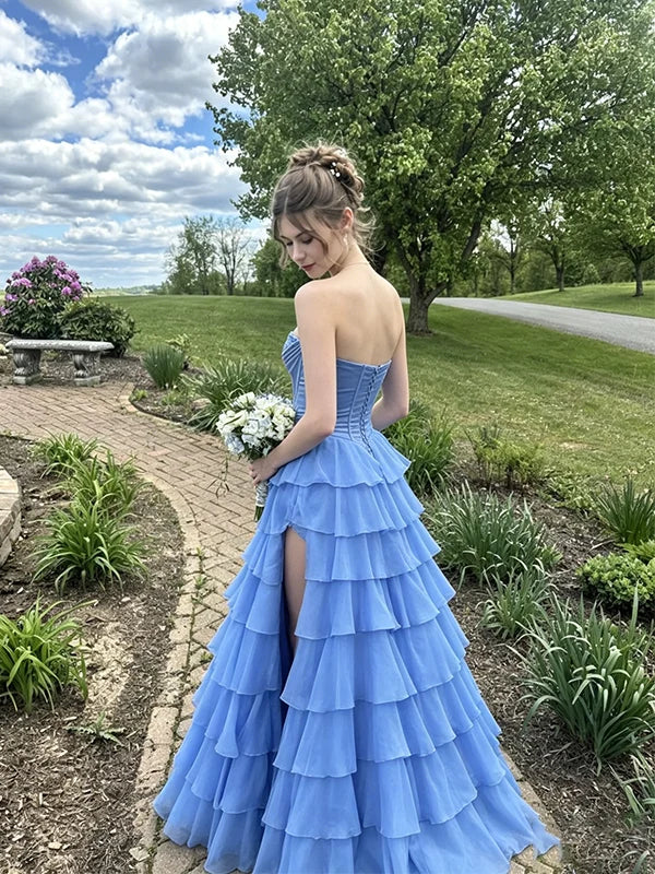 Unique Blue A Line Sweetheart Neck Exquisite Lace Chiffon Prom Dress Evening Dress SH8281
