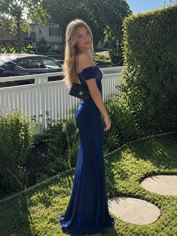 Royal Blue Mermaid Off the Shoulder Tulle Velvet Long Prom Dress Evening Dress SH8272