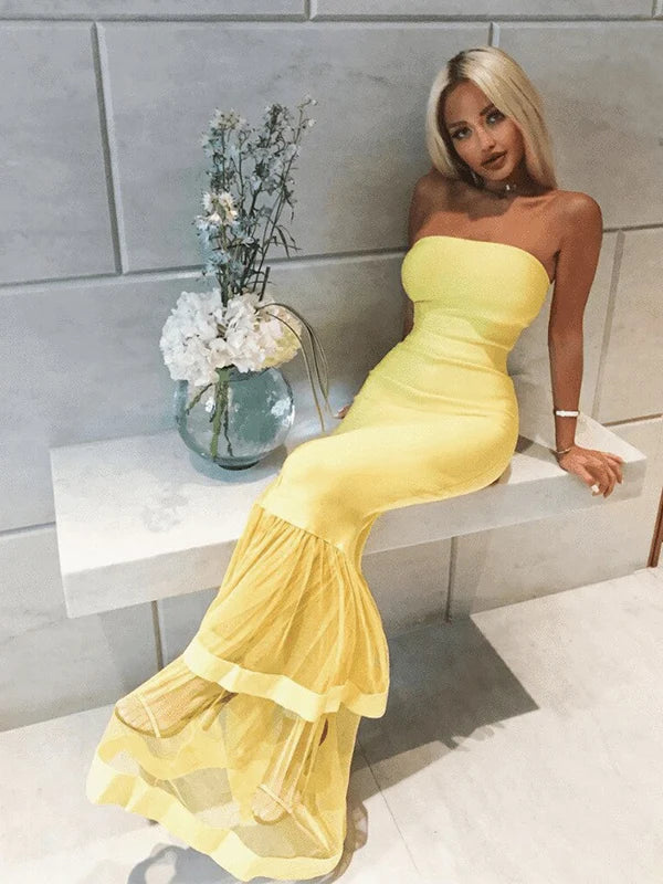 Bright Yellow Strapless Sexy Mermaid Long Ruffle Trumpet Prom Dress SH8283