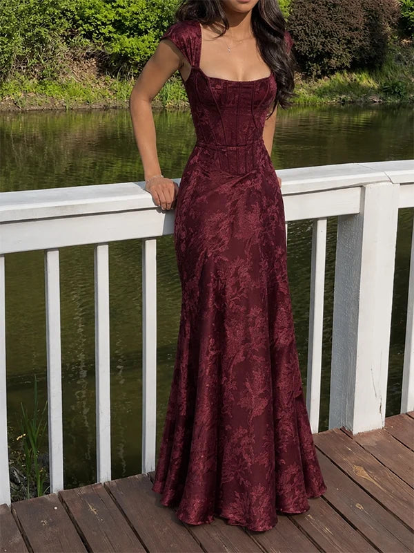 Vintage Burgundy Mermaid Print Tulle Prom Dress Evening Dress with Cap Sleeves SH8271