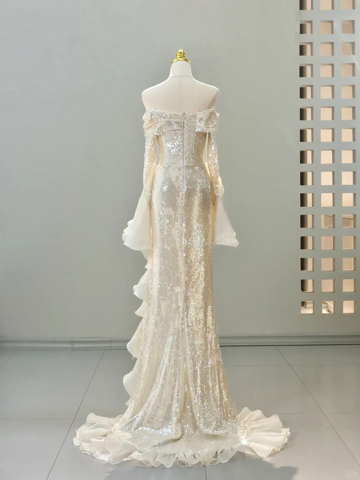 Elegant Sheath Long Sleeve Ivory Chiffon Ruffle Sequin Prom Dress Graduation Prom Dress SH2582
