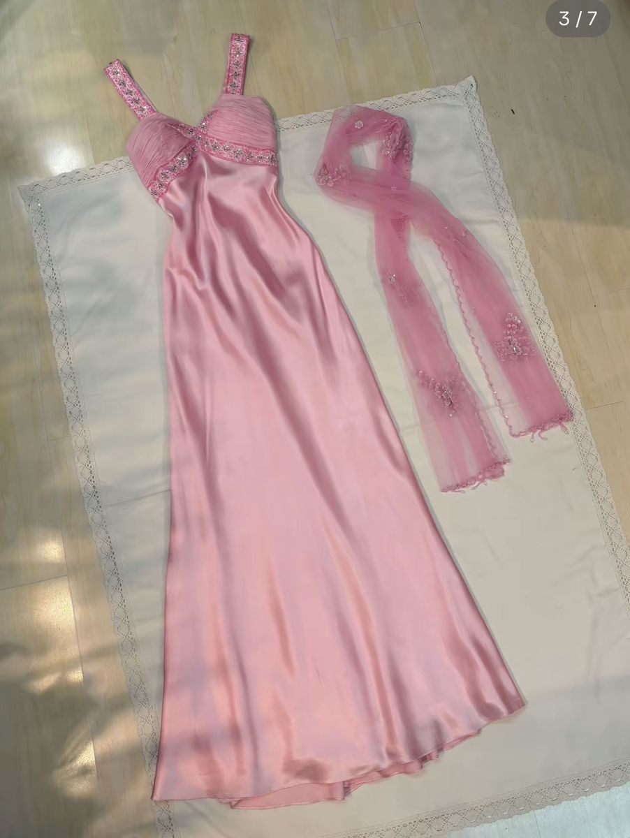Pretty Pink A Line Straps Beaded Tulle Satin Long Prom Dress Evening Dress SH5145