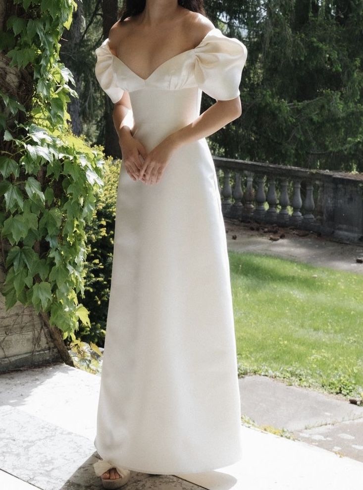 Simple A Line Puff Sleeve White Satin Long Wedding Dress SH7330
