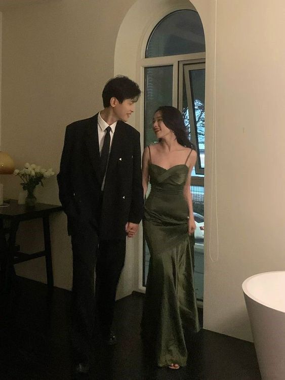Dark Green Mermaid Spaghetti Strap Satin Prom Dress Wedding Guest Dress Date Dress SH4442