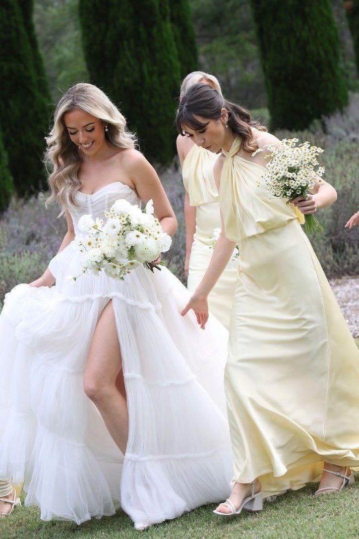Yellow A Line Halter Satin Open Back Long Prom Dress Bridesmaid Dress SH2614