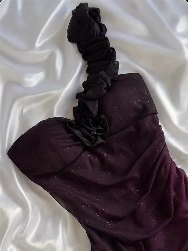 Grape Purple Ombre A Line One Shoulder Chiffon Long Party Dress Evening Dress SH2842