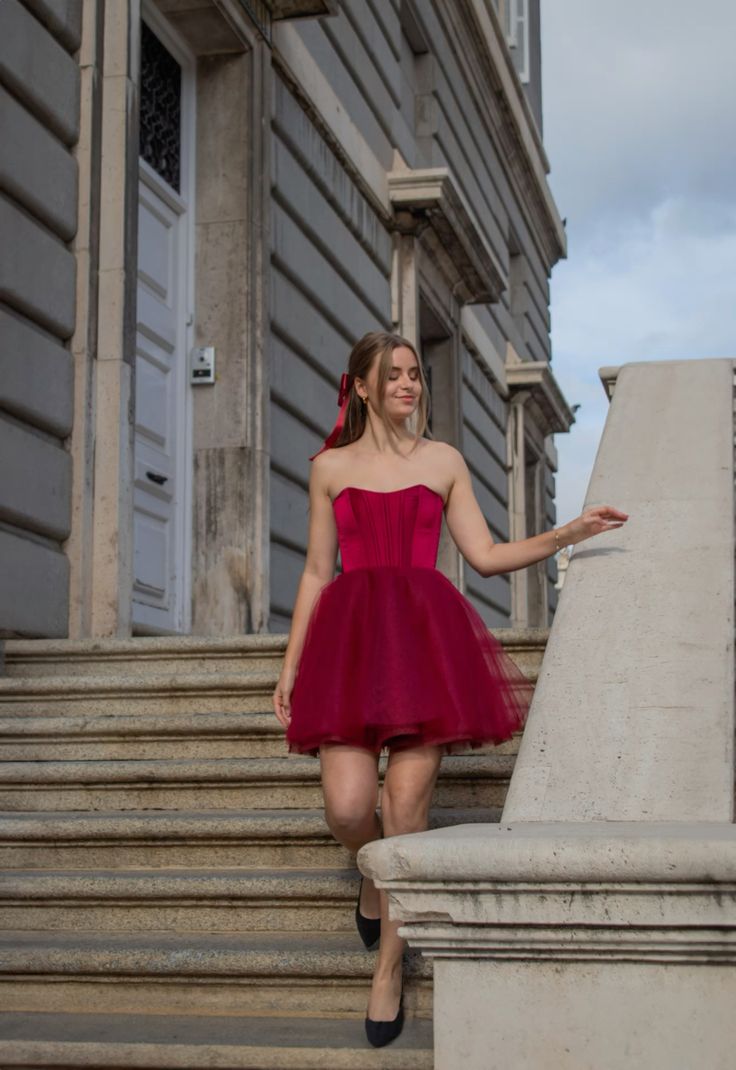 Burgundy A Line Strapless Satin Tulle Mini Homecoming Dress Cocktail Dress SH3724