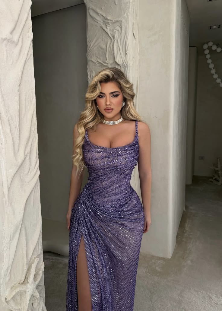 Purple Sheath Spaghetti Strap Sequin Long Prom Dress Evening Dress SH8860