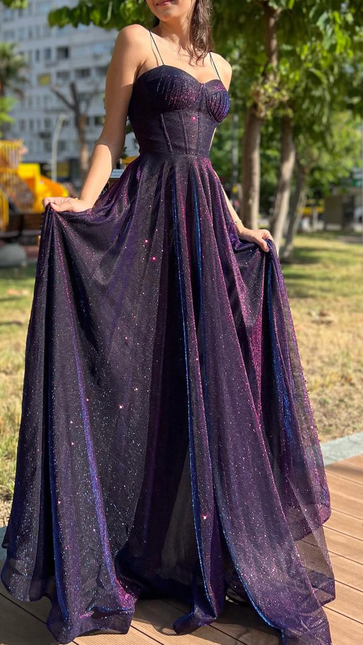 Stunning Deep Purple A Line Spaghetti Straps Sequin Long Prom Dress Date Dress SH7010