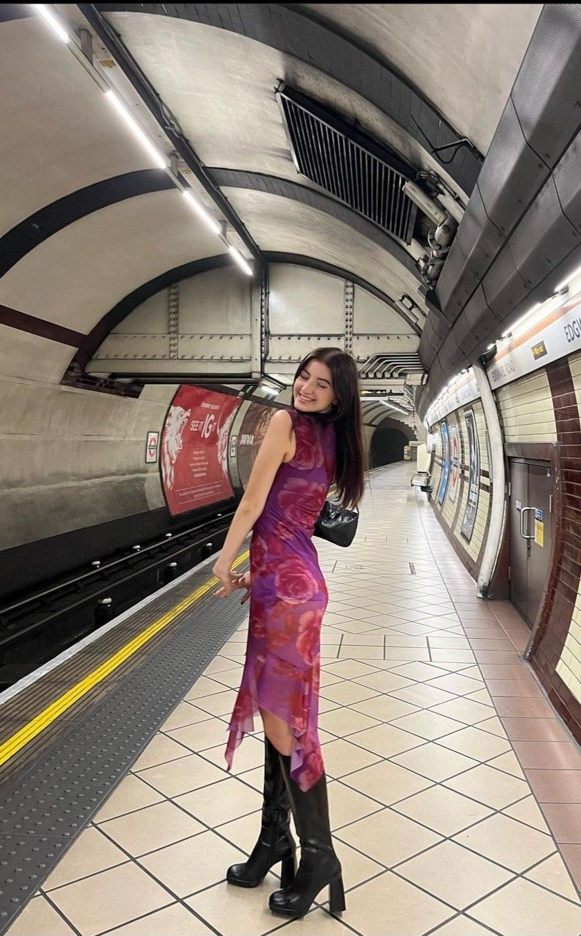 Pretty Purple A Line Straps Print Floral Chiffon Party Dress Date Dress Outfits SH3966