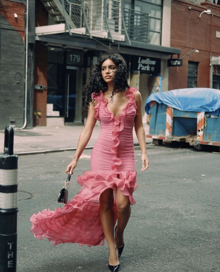 Pink Sheath V Neck Ruffle Chiffon Long Party Dress Prom Dress SH7641