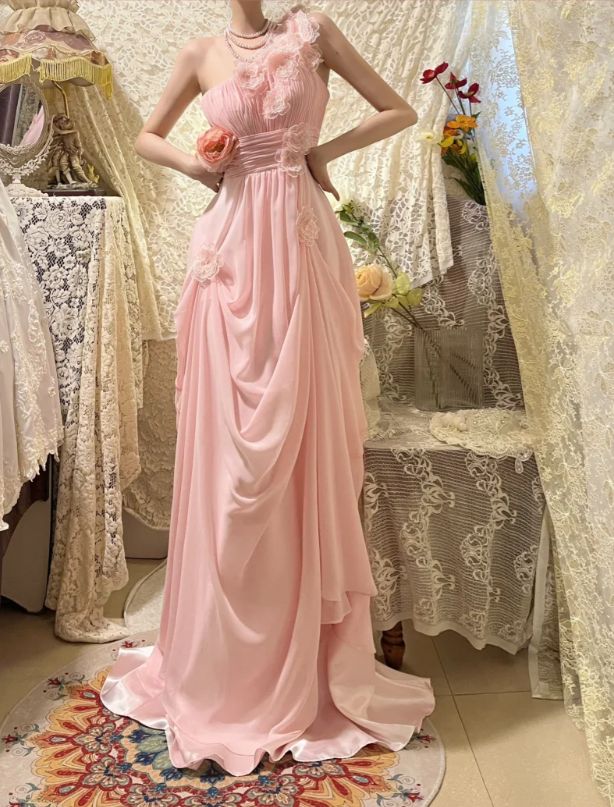 Elegant Pink Off the Shoulder 3D Flower Pleated Chiffon Long Prom Dress SH3932