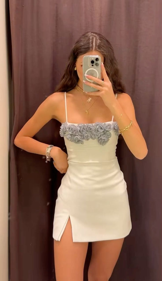 Cute A Line Spaghetti Straps Silver Flower White Satin Mini Homecoming Dress SH3323