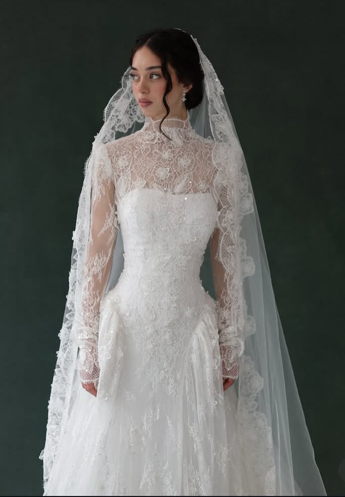 Elegant A Line Long Sleeve High Neck White Lace Long Wedding Dress SH8724