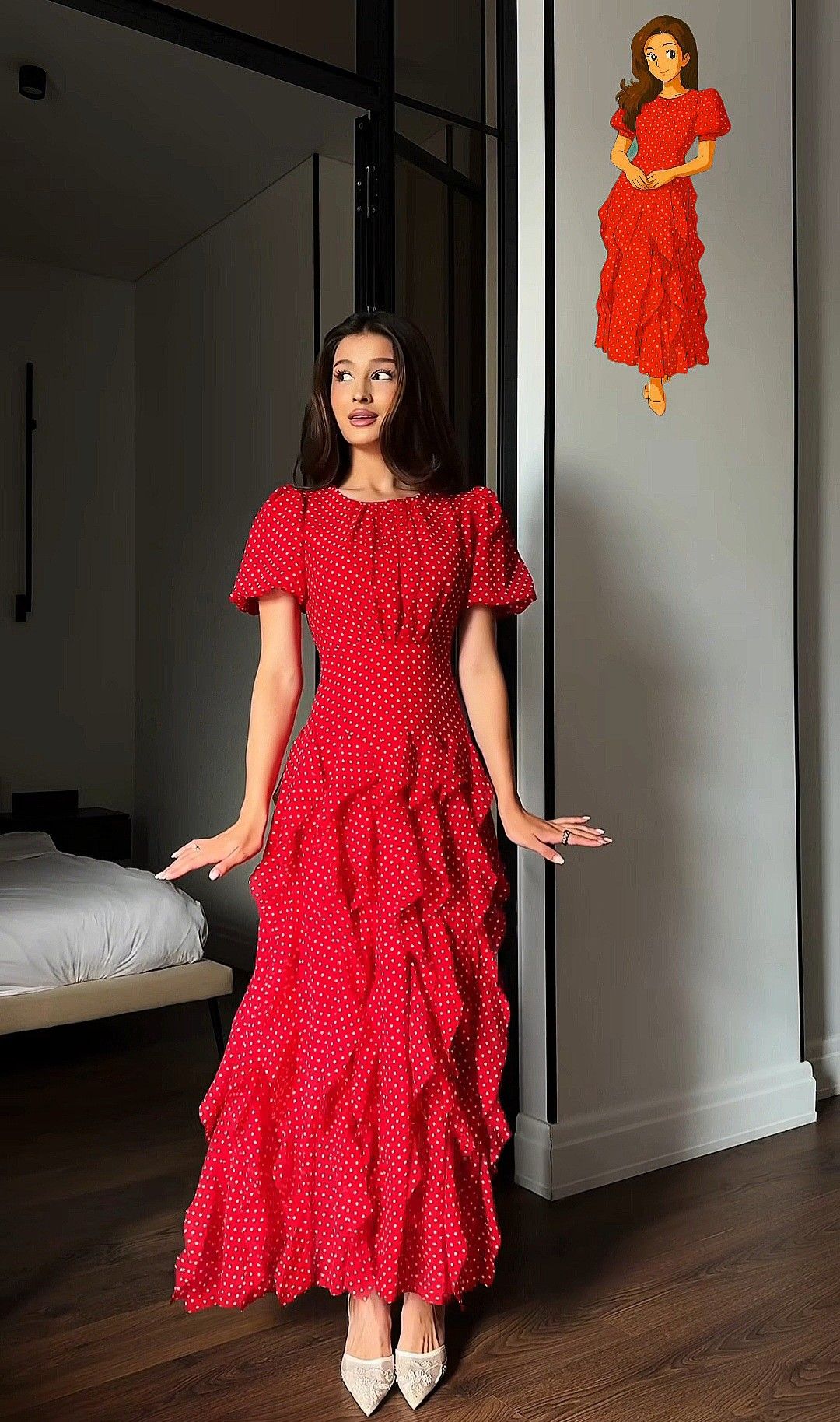 Red Polka Dot A Line Puff Sleeve Ruffle Chiffon Long Prom Dress Evening Dress SH8874
