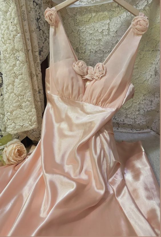 Sweet Pink 3D Rose A Line V Neck Satin Long Prom Dress Date Dress SH3931