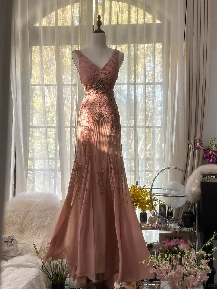 mermaid chiffon dress GL2697 | Lace Embellished Bodice Chiffon Mermaid Dress