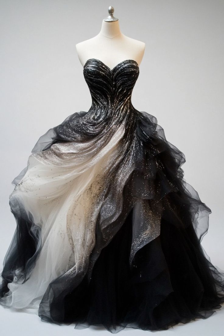 Elegant A Line Sweetheart Neck Sequin Black White Tulle Long Prom Dress Evening Dress SH2450
