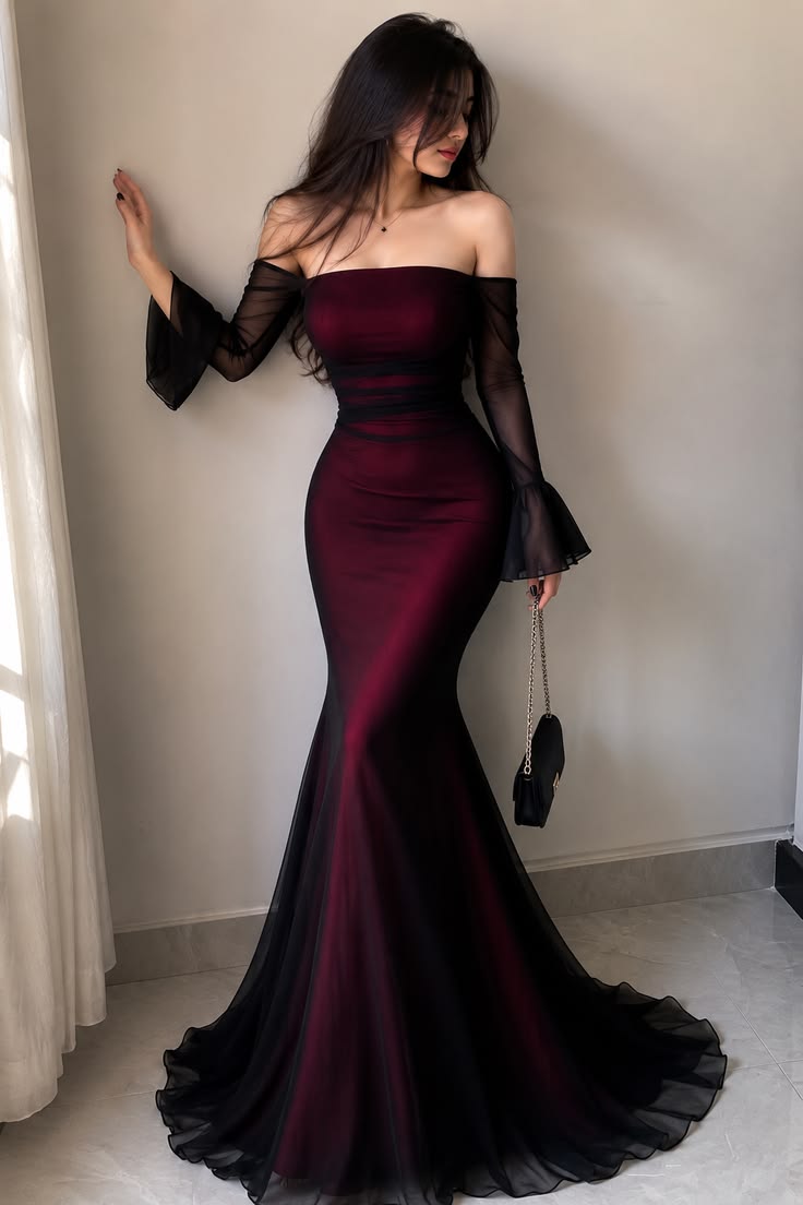 Charming Mermaid Long Sleeve Black Chiffon Burgundy Satin Prom Dress Evening Dress SH6907