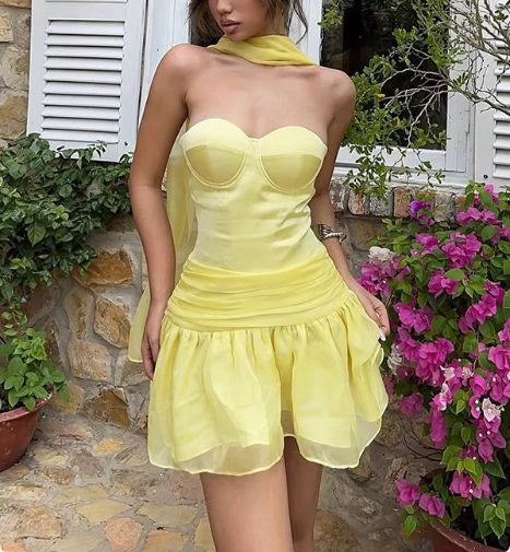 Yellow A Line Sweetheart Neck Satin Chiffon Mini Homecoming Dress Cocktail Dress SH3722