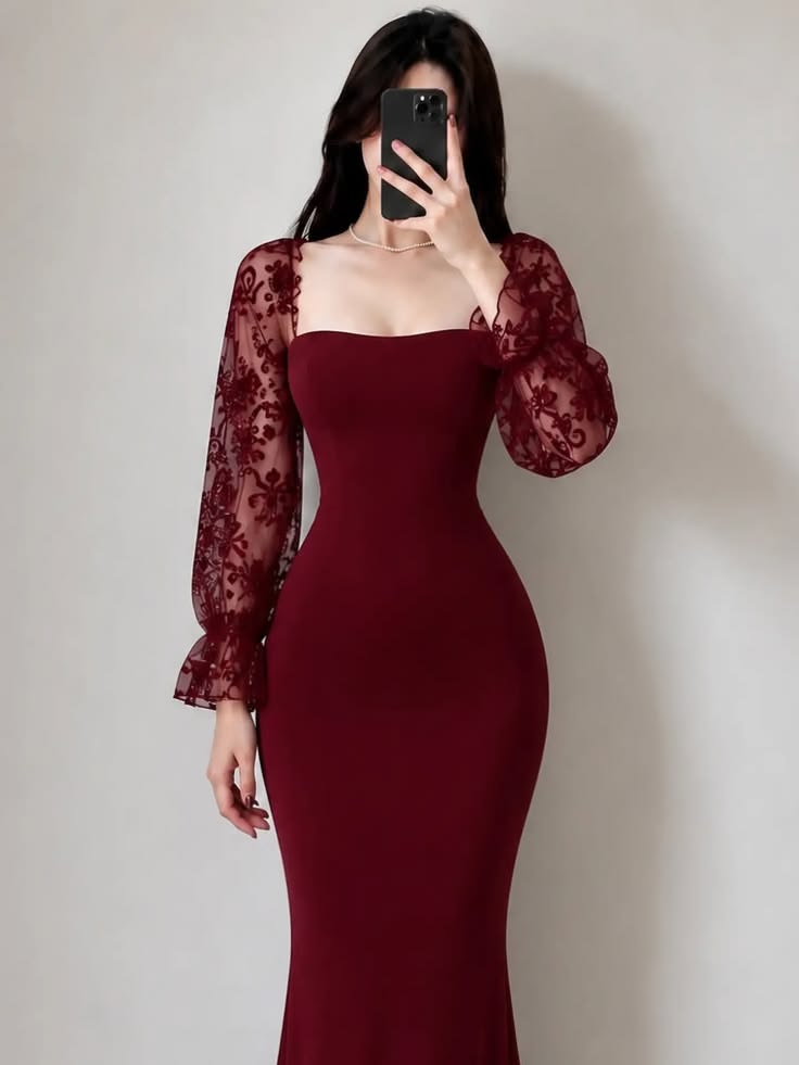 Burgundy Mermaid Long Sleeve Lace Satin Prom Dress Evening Dress SH7090