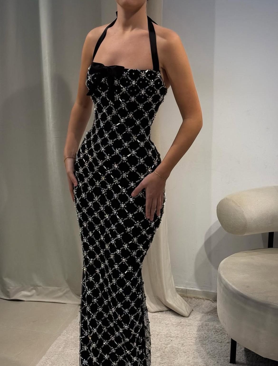 Elegant Black Sheath Halter Exquisite Rhinestone Tulle Long Prom Dress Evening Dress SH7053
