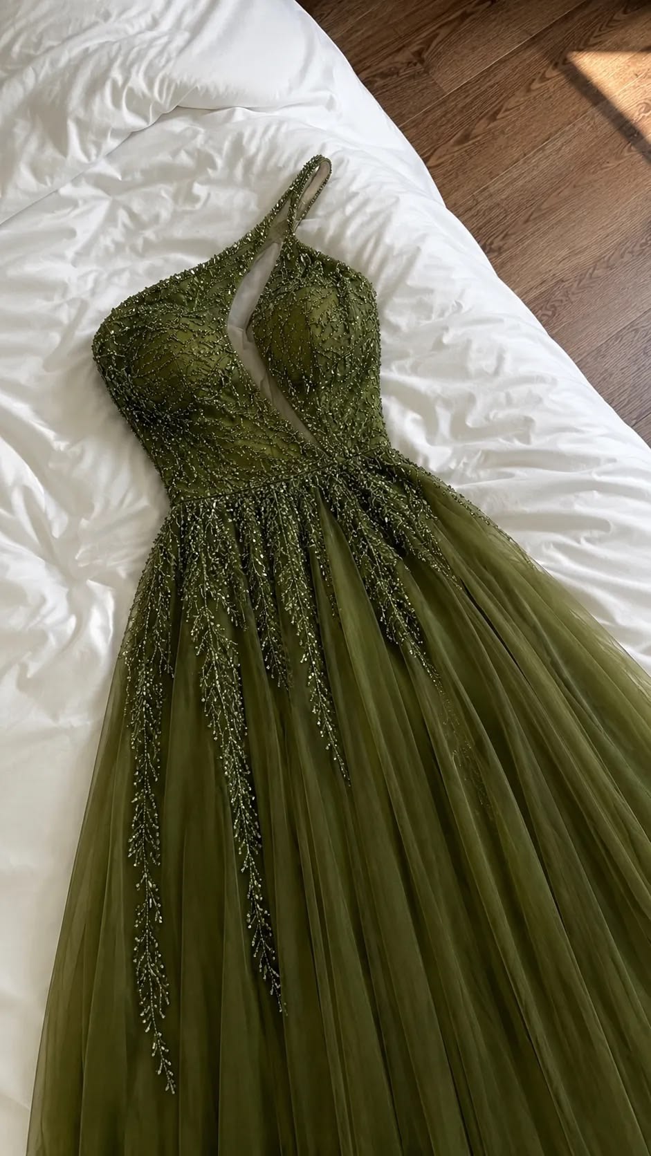 Dark Green A Line One Shoulder Beaded Tulle Long Prom Dress SH8766