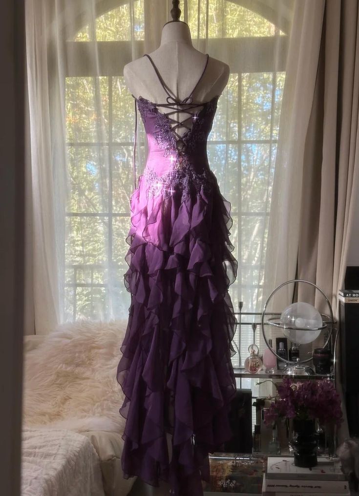 Purple Sheath Strapless Appliques Tiered Chiffon Long Prom Dress Evening Dress SH2505