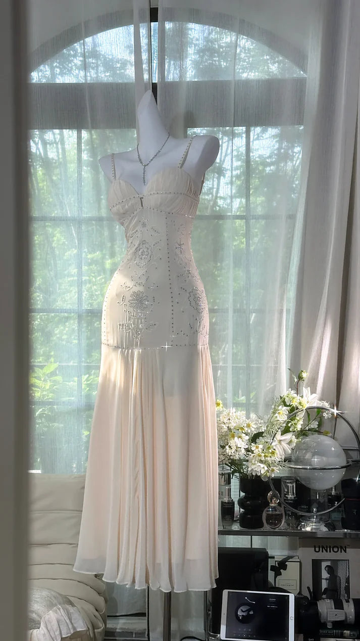 Ivory Mermaid Spaghetti Straps Rhinestone Chiffon Prom Dress Formal Dress Party Dress SH4023