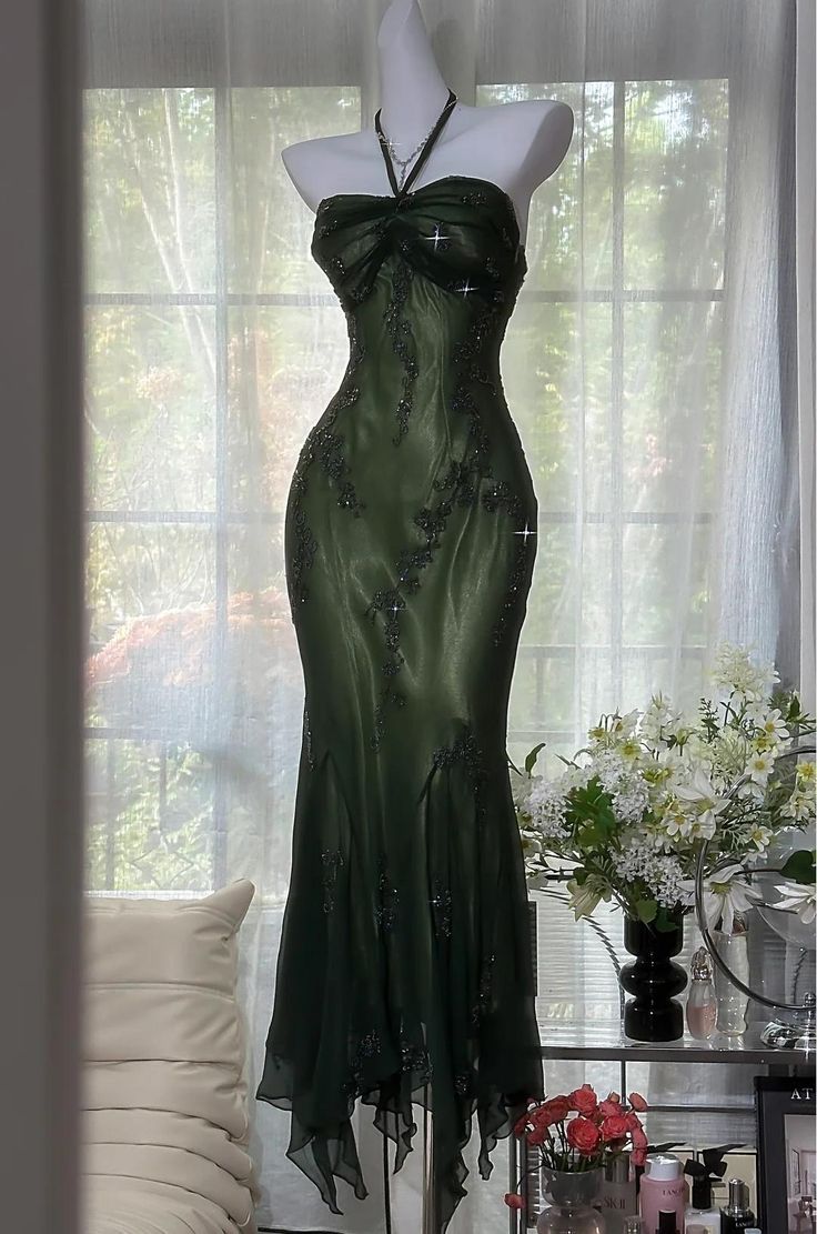 mermaid halter dress Vintage Green Mermaid Halter Beaded Chiffon Prom Dress SH5071 – shinydress