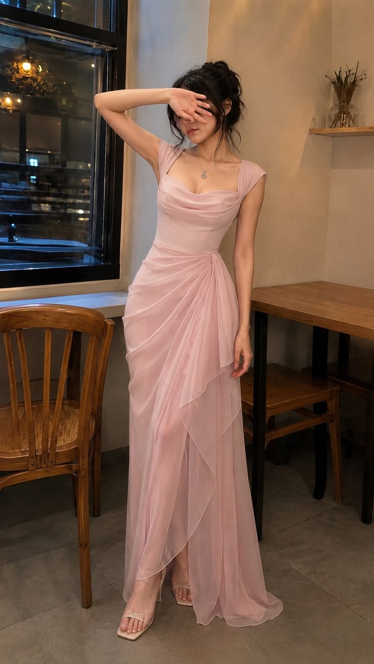 Classy Pink A Line Straps Chiffon Slit Long Prom Dress Evening Dress SH6945