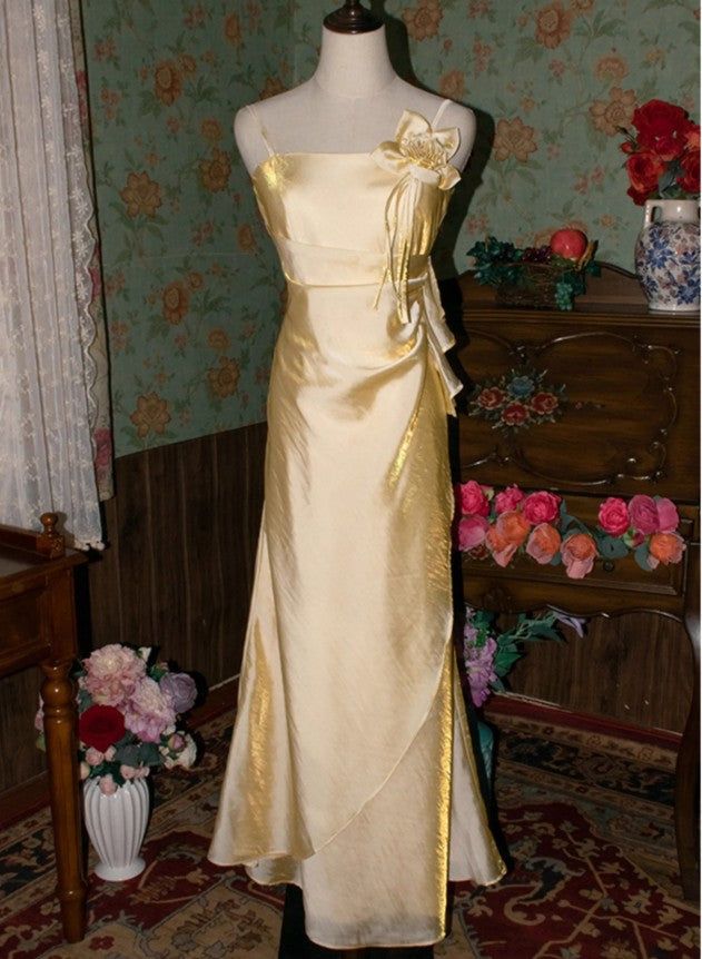 Retro Sheath Spaghetti Straps Flower Purple Satin Long Prom Dress Evening Dress SH3095