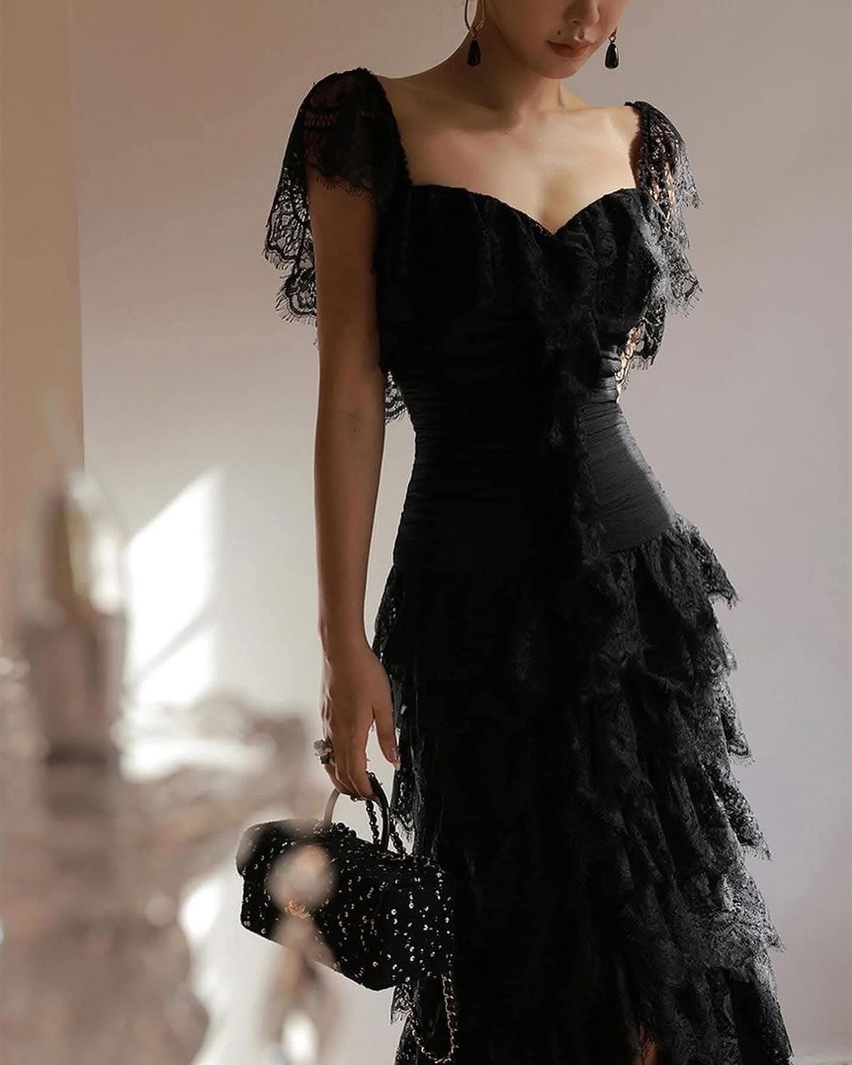 Sexy Black Mermaid Straps Layered Lace Prom Dress Evening Dress SH5497