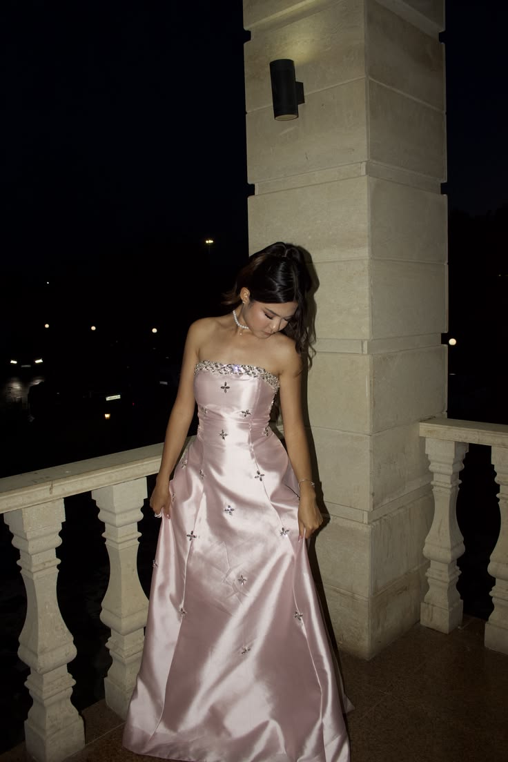 Pink A Line Strapless Shiny Beaded Satin Long Prom Dress Evening Dress SH8824