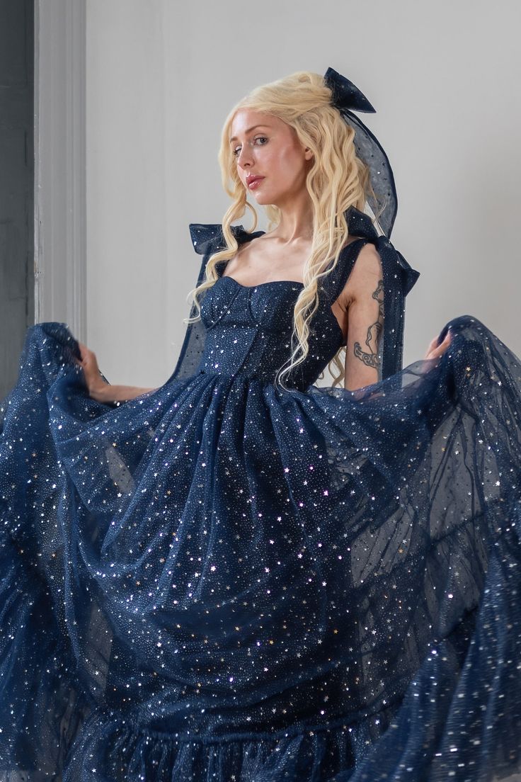 Star Sequin Navy Blue A Line Straps Layered Tulle Date Dress Prom Dress Evening Dress SH3888