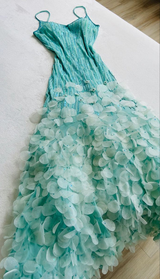 Retro Blue Mermaid Spaghetti Strap Beaded Chiffon Prom Dress Party Dress SH3567