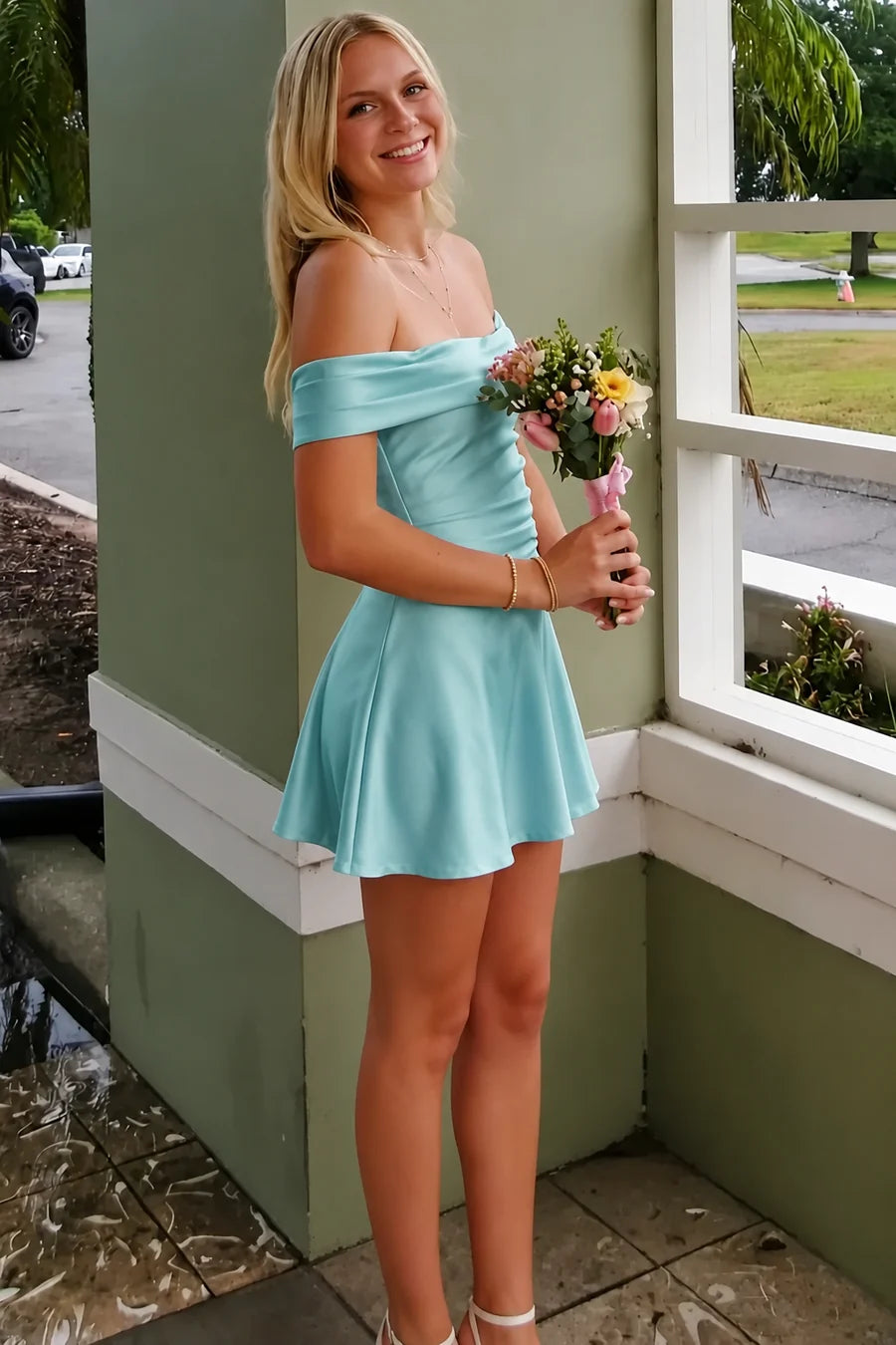 Blue Satin Off-Shoulder A-Line Pleats Short Party Homecoming Dress SH7805