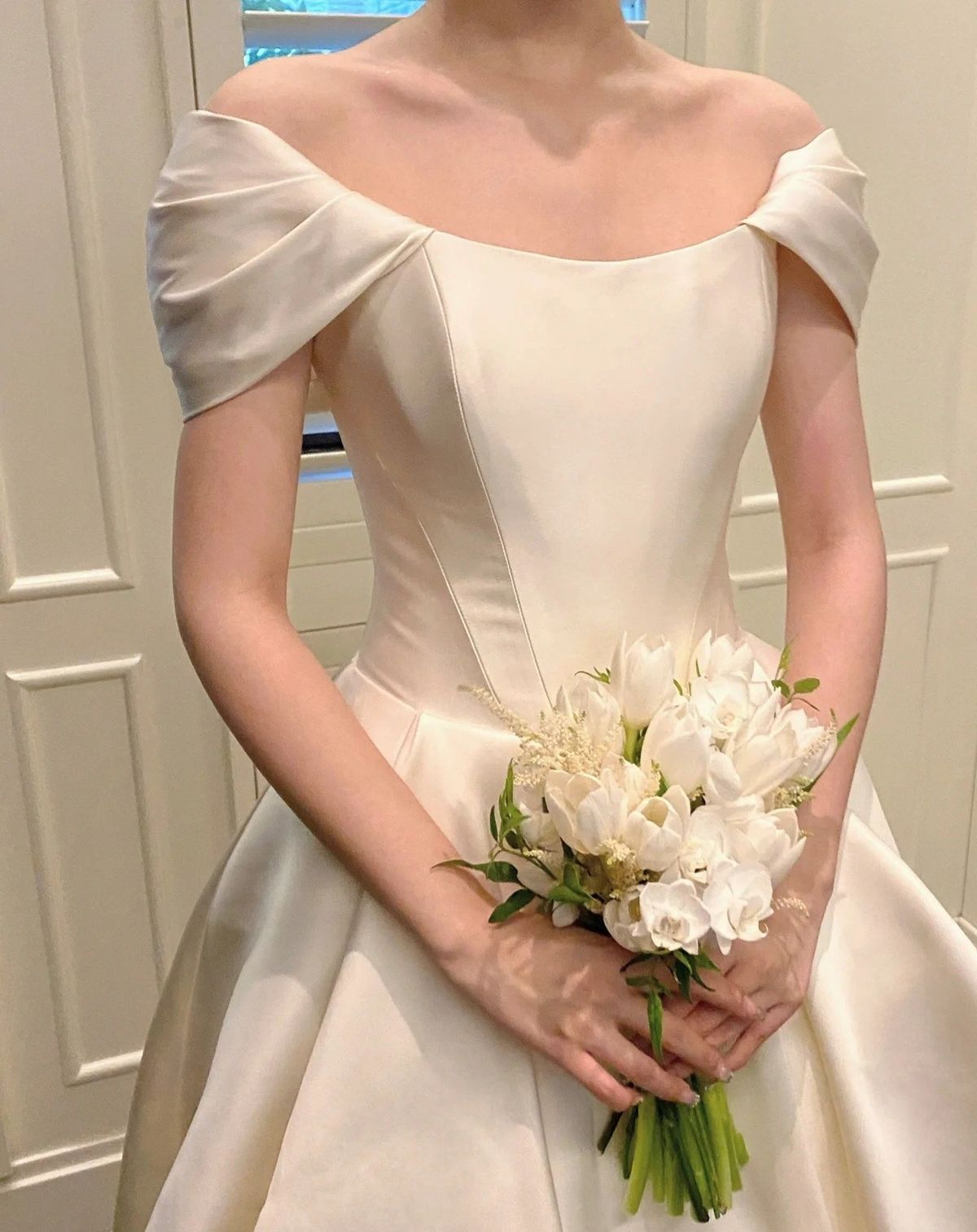 Beautiful A Line Off the Shoulder White Satin Long Wedding Dress SH8350