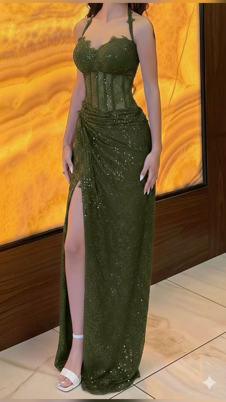 Olive Green Shiny Sheath Halter Sequin Lace Slit Long Prom Dress Evening Dress SH5845