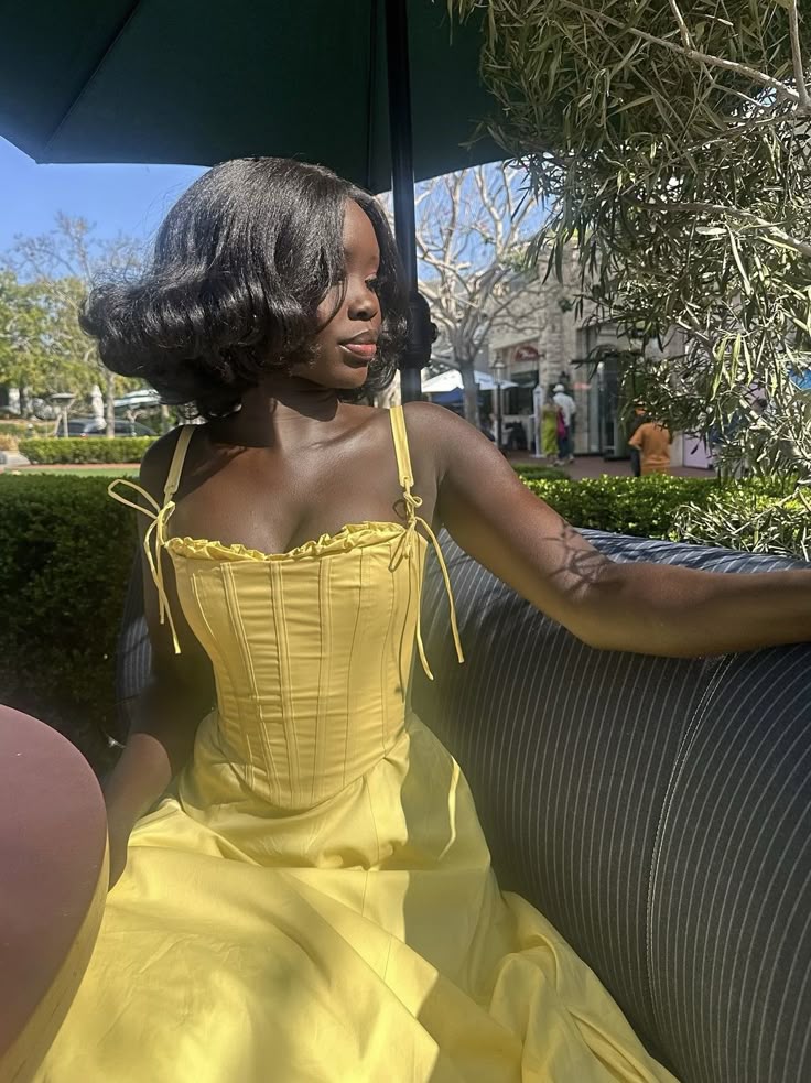 Yellow A Line Spaghetti Strap Corset Satin Long Prom Dress Evening Dress SH2393