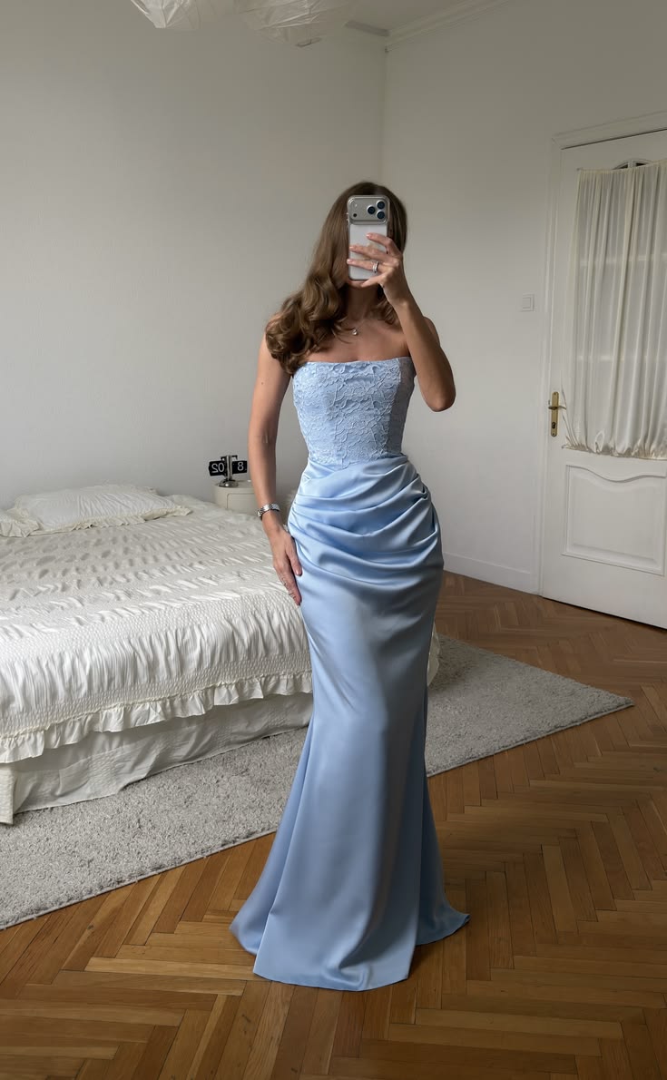 Blue Mermaid Strapless Lace Satin Long Prom Dress Evening Dress SH8837