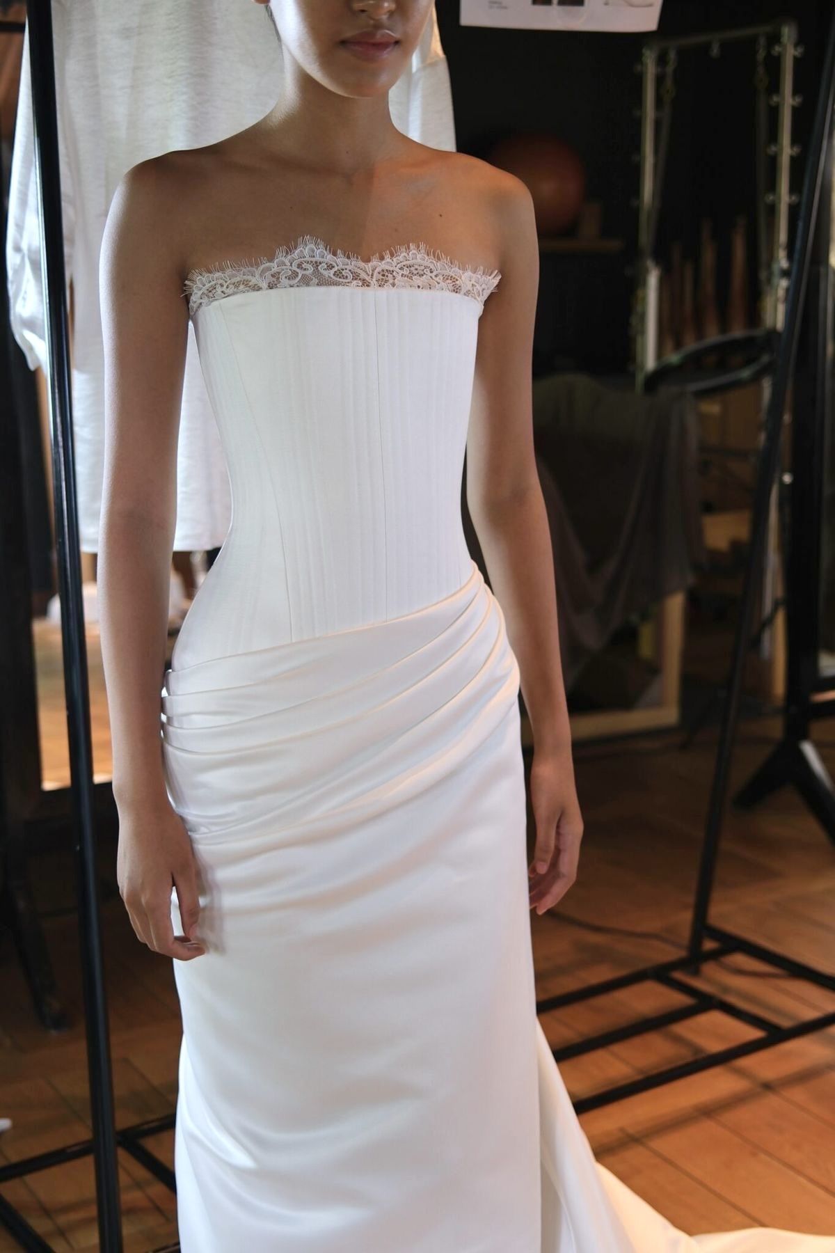 Simple Sheath Strapless White Corset Satin Long Train Wedding Dress SH8492
