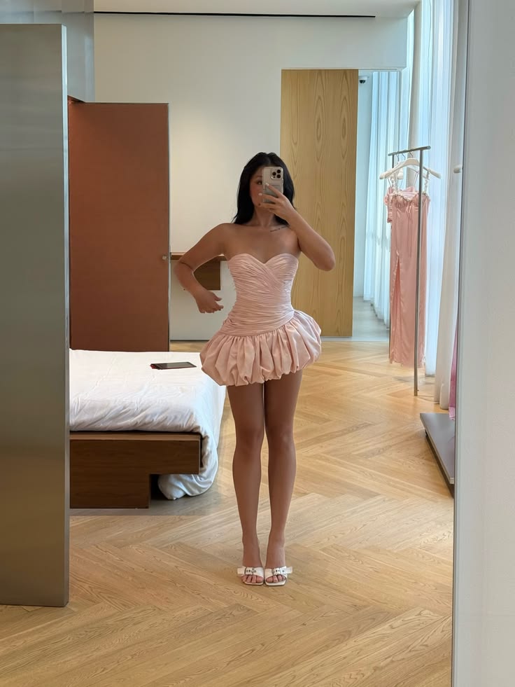 Light Pink A Line Sweetheart Neck Pleated Satin Short Prom Dress Homecoming Dress SH8668