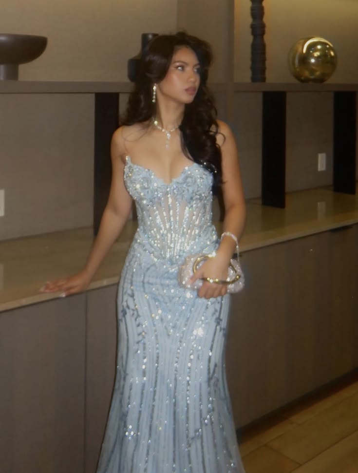 Dreamy Baby Blue Mermaid Sweetheart Neck Sequin Tulle Prom Dress Evening Dress SH7281