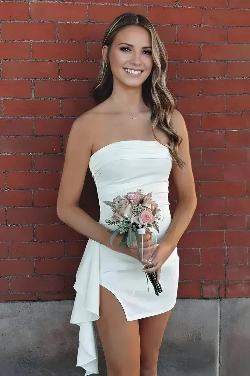 Stylish Bodycon Strapless White Satin Short Homecoming Dress with Ruched SH7939