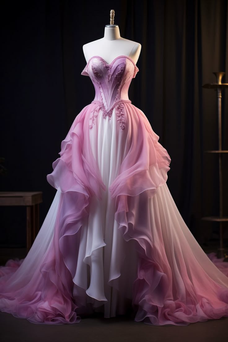 Pink Ombre A Line Sweetheart Neck Appliques Ruffle Chiffon Long Prom Dress Evening Dress SH2435