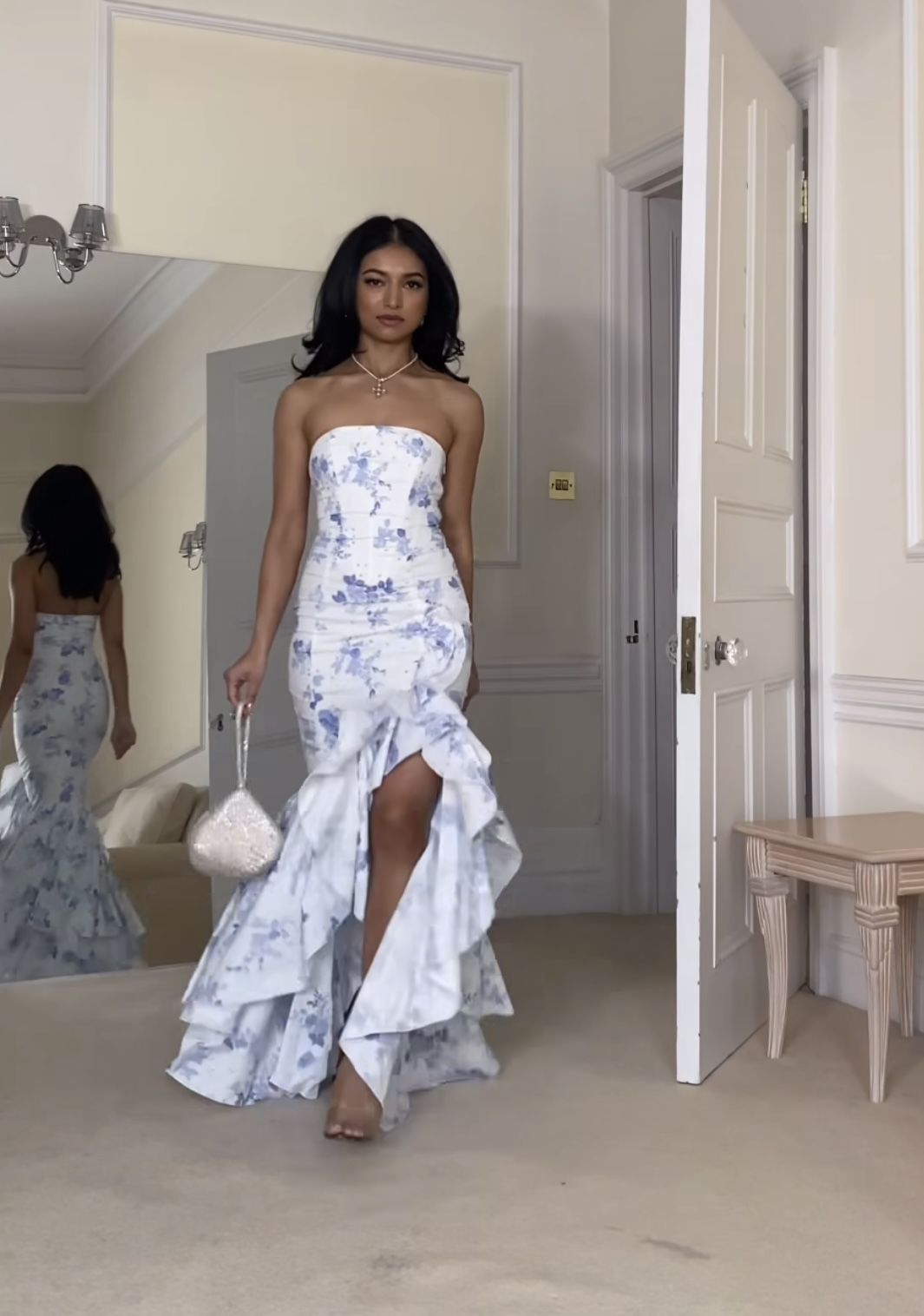 Cute Mermaid Strapless Blue Print Floral Ruffle Chiffon Prom Dress SH4573
