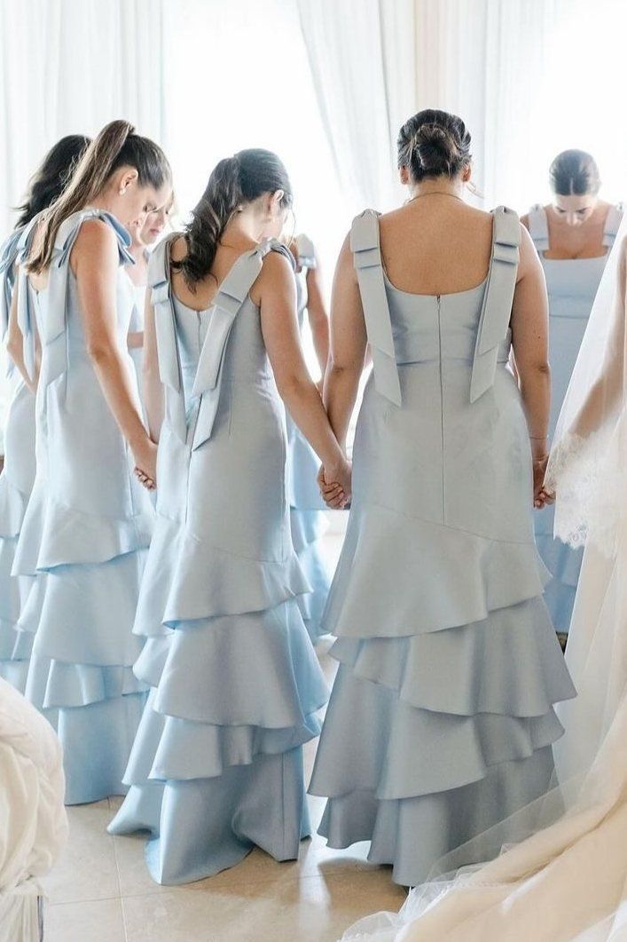 Baby Blue Mermaid Straps Tiered Satin Prom Dress Bridesmaid Dress SH2606