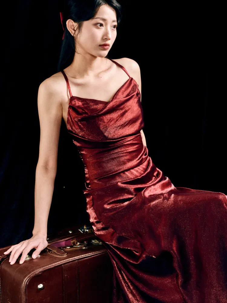 Charming Mermaid Spaghetti Strap Burgundy Satin Prom Dress Evening Dress SH2184